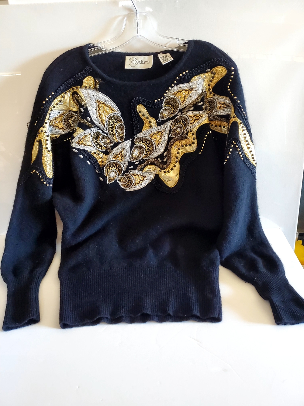 Cedars Lambswool Angora Black Statement M Sweater  Embellished Gold & Silver
